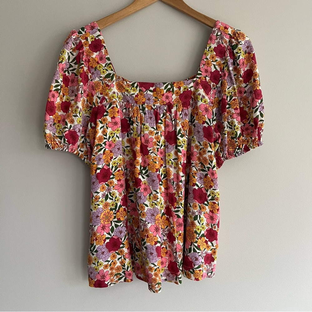Draper James RSVP Multicolor Floral Square Neck Puff Sleeves Top Medium